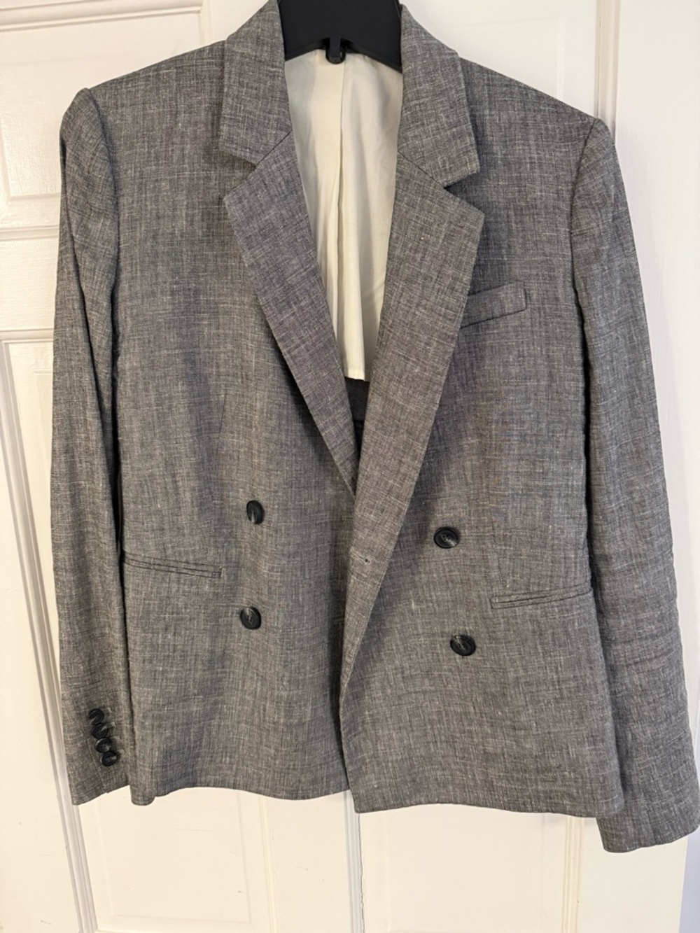 Theory Gray Double-Breasted Linen-Blend Blazer